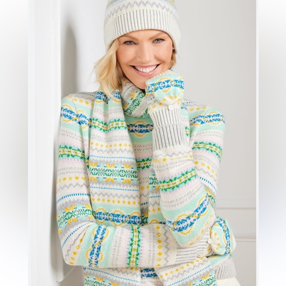 Talbots West Yoke Fair Isle Cream Blue Creweck Sweater Women’s Size Small - Picture 1 of 6